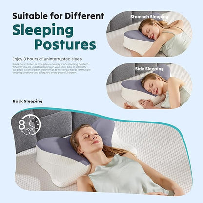 DUMOS Cervical Neck Pillow, Cooling Ergonomic Memory Foam Pillows for Neck Pain Relief with Breathable Pillowcase, Dual Height Orthopedic Support Contour Pillow for Side, Stomach Sleepers, Dark Grey