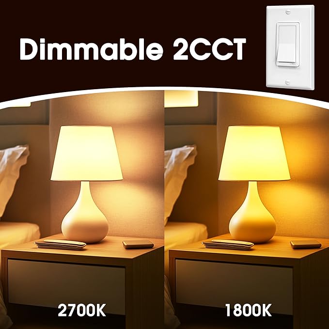 Briignite Amber Sleep Light Bulbs, A19 E26 Warm ligjt(2700K-1800K), Wall-Controlled Switch Dimmable Soft Lights for Lamps, Blue Light Blocking Night Light, 2CCT, 2 Pack