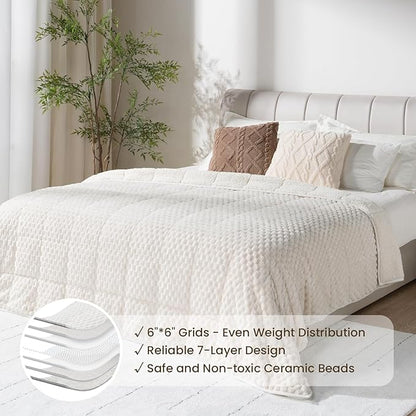 Drewin Weighted Blanket 15lbs, Adult Weighted Blankets with Double-Sided Shaggy Sherpa, Soft Plush Jacquard Bed Blanket for Sleeping and Calming, Ceramic Beads, Cream White, 48 x 72 inches