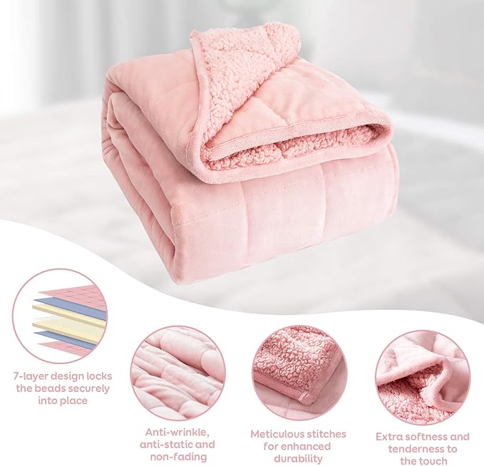 Cottonblue Sherpa Fleece Weighted Blanket 12lbs, Flannel Cozy Plush Blankets, Fuzzy Flannel Bedding Blanket Throw for Twin Full Bed, Minky Soft Blanket for Sofa Bed 48 x 72 inches, Blush Pink
