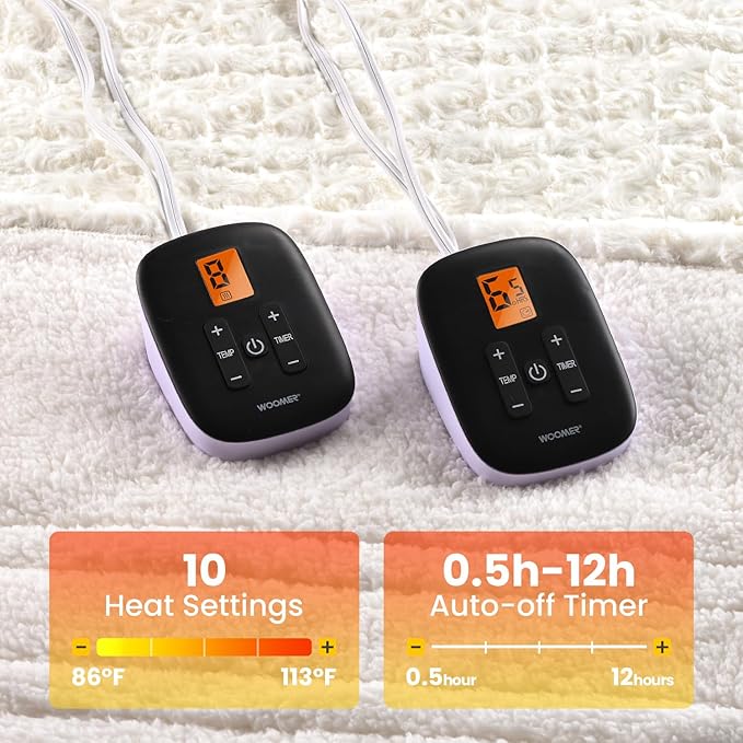 WOOMER Heated Blanket Queen Size 84" x 90", Electric Blanket with Dual Controls, 0.5-12 Hours Timer & 10 Heating Levels, ETL Certified, White Rose Patterns Faux Fur & Sherpa, Machine Washable