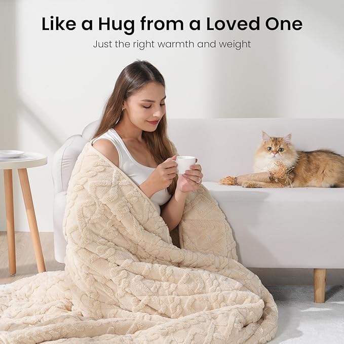 Drewin Fleece Weighted Blanket for Adults (60" x 80" 12lbs, Beige), Dual Sided Cozy Soft Sherpa Bed Blanket for Afternoon Nap, 3D Jacquard Cable Pattern Warm Weighted Blankets for Couch and Bed