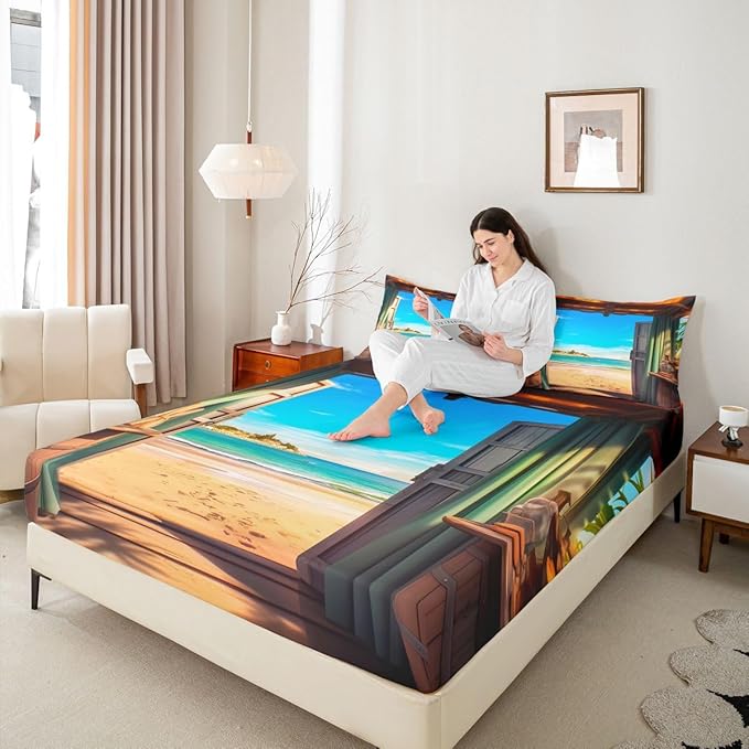 Beach Boys Girls Bed Sheets,Coastal Ocean Hawaii Sea Room Decor,Nautical Wooden Door Seaside Kids Twin Size Fitted Sheet,Blue Brown Bedding Set,1 Pillowcase(No Flat)