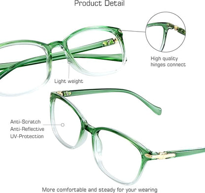 VisionGlobal Blue Light Blocking Glasses for Women, Anti Eyestrain, Computer Reading, TV Glasses, Stylish Square Frame, Anti Glare(Clear Green,+1.75 Magnification)