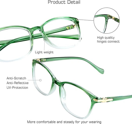 VisionGlobal Blue Light Blocking Glasses for Women, Anti Eyestrain, Computer Reading, TV Glasses, Stylish Square Frame, Anti Glare(Clear Green,+1.75 Magnification)