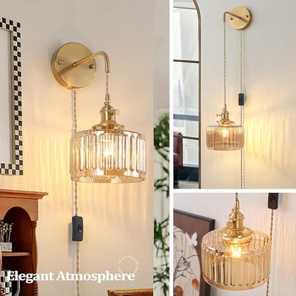 Vintage Wall Sconce Wall Lamp with Amber Striped Glass Shade Hanging Wall Sconce with 4.9FT Plug in Cord, Modern Wall Lamp Fixtures Decor for Bedside Bedroom Indoor Doorway