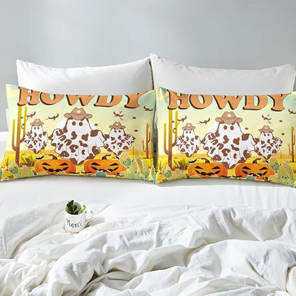 Western Ghost Fitted Sheet,Rustic Desert Cactus Pumpkin Graffiti Sheet Set for Adults Ultra Soft Room Gift,Retro Cowboy Hat Halloween Cute Ghost Bedding Set with 2 Pillowcases,Queen Size