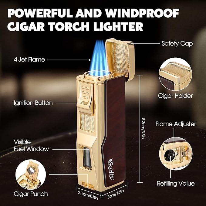 Scotte Cigar Humidor Box, Cigar Lighter Cedar Wood Lined Leather Cigar Case Built in Hygrometer & Humidifier, Torch Lighter with Cigar Holder Cigar Punch Portable Travel Cigar Humidor (Smooth Brown)