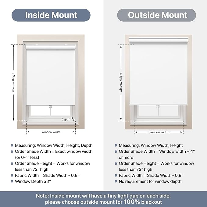 GENIMO 100% Blackout Roller Window Shades, Window Blinds Cordless with Thermal Insulated, UV Protection Fabric, Mini French Door Blinds for Home, Office, Bedroom, Easy to Install, White, 50" W X 72" H