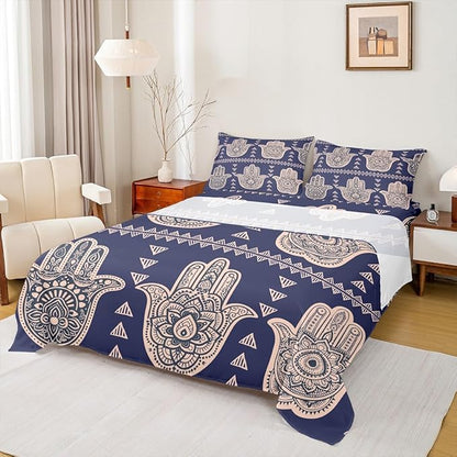Hamsa Hand Kids Sheet King Size,Boho Lucky Hand of Fatima Bedding Set,Boys Girls Adults Room Decor,Mandala Flowers Geometric Abstract Blue Exotic Bed Sheet Set 4pcs(Fitted + Flat + 2 Pillowcases)