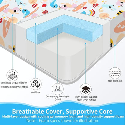 Trifold Pack and Play Mattress 38x26 - Dual Sided Pack N Play Mattress Pad (Firm for Baby, Soft for Toddler), Cooling Gel Memory Foam Playpen Mat, Waterproof Portable Crib Mattress Topper