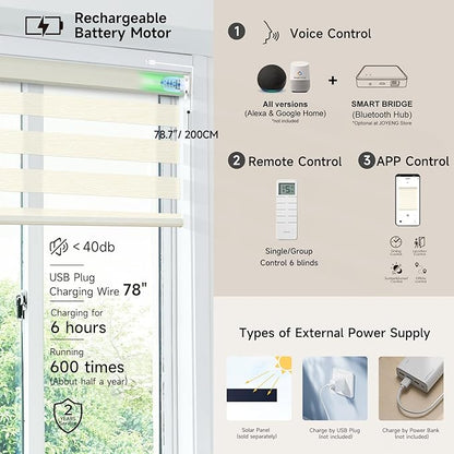 Motorized Zebra Blinds, Cordless Blackout Window Shades with Remote, Custom Dual Layer Smart Roller Shades Compatible with Alexa Google Assistant, Automatic Light Filtering Blinds,Luxury Beige