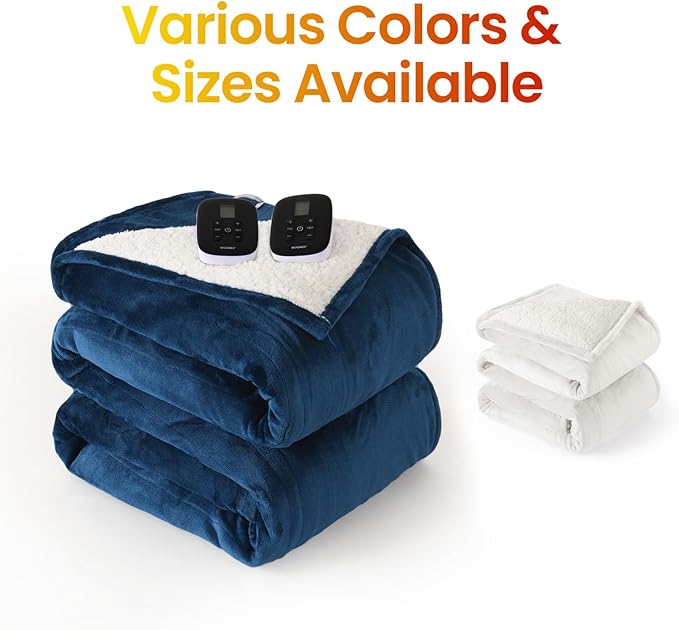 WOOMER Electric Blanket Queen Size 84" x 90", Heated Blanket with 0.5-12 Hours Timer & 10 Heating Levels, ETL Certified, Navy Blue Velvet & White Sherpa, Machine Washable