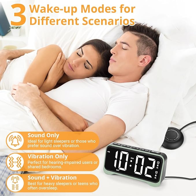 Loud Alarm Clock for Heavy Sleepers Adults, Vibrating Alarm Clock for Teens/Deaf, 7.5" Bright Clear Digital Screen, Adjustable Brightness with Night Light, 3 Levels Bed Shaker Under Pillow, Dual Alarm