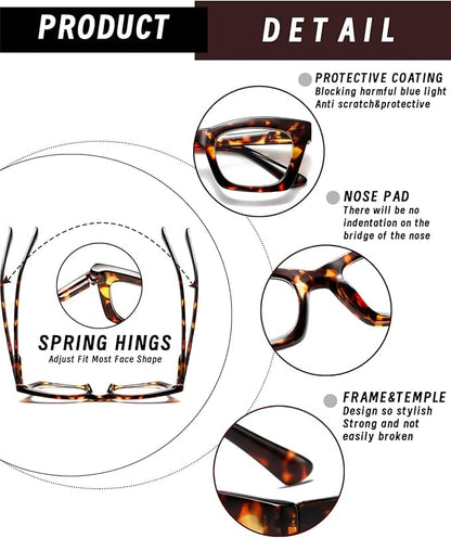 Hubeye Oprah Style Reading Glasses for Women Men Blue Light Blocking Computer Square Readers with Spring Hinge