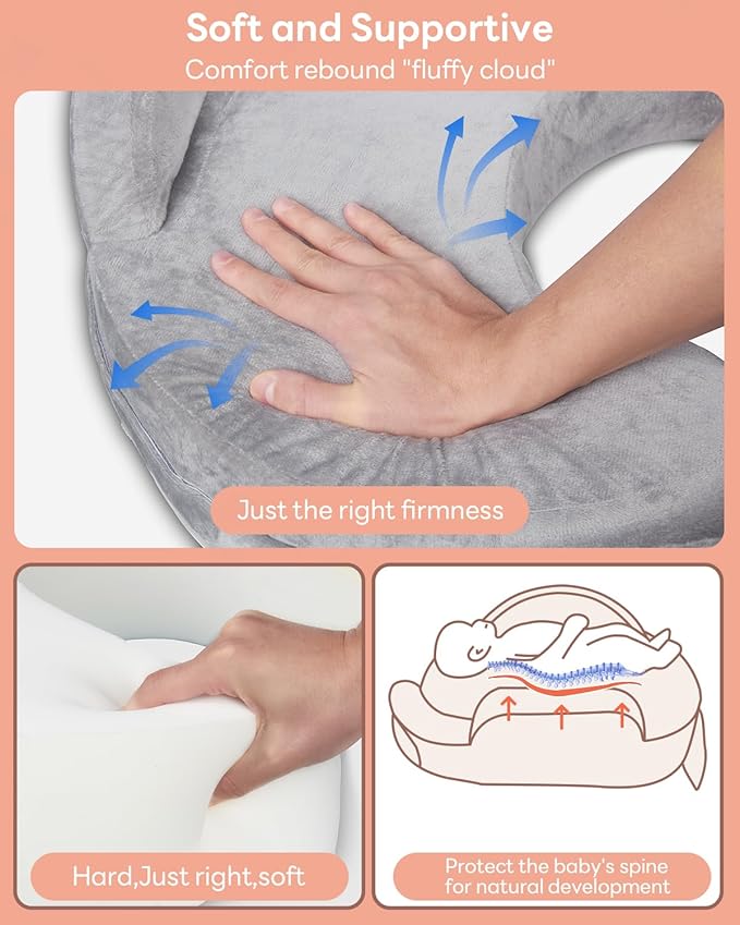Nursing Pillow for Standing/Sitting Use- Springy Memory Foam for Support & Comfort, Large Breast Feeding Pillow - Safety Fence, Adjustable Waist Belt and Support Backrest, Removable Cover with Pocket