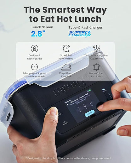 LUNCHGO® G1-Standard(74 Wh), Smart Electric Heated Lunch Box – Cordless, 5 Cups Capacity, Battery Powered, 250°F Max, Scheduled Heating, Perfect for Outdoor Work, On-The-Go Meals (Neon Gray)