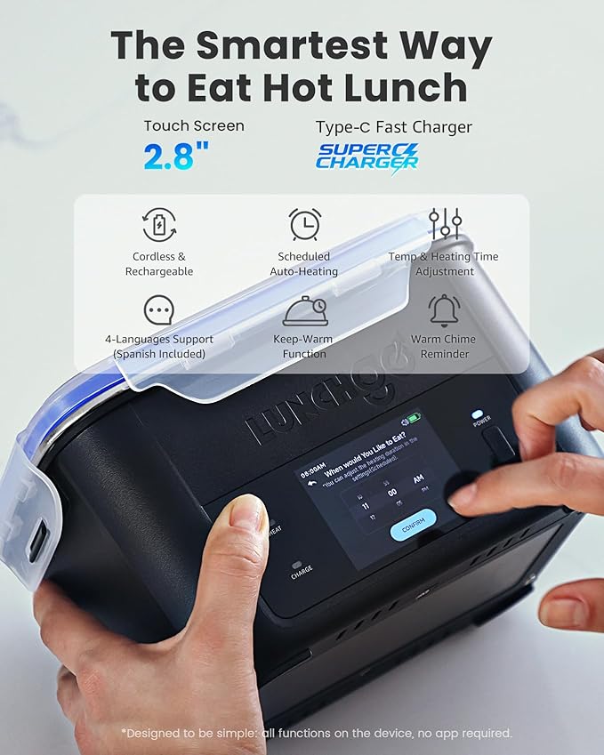 LUNCHGO® G1-Standard(74 Wh), Smart Electric Heated Lunch Box – Cordless, 5 Cups Capacity, Battery Powered, 250°F Max, Scheduled Heating, Perfect for Outdoor Work, On-The-Go Meals (Carbon Black)
