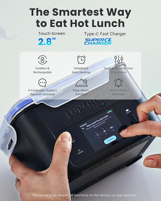 LUNCHGO® G1-Long Range(103 Wh), Smart Electric Heated Lunch Box – Cordless, 5 Cups Capacity, Battery Powered, 250°F Max, Scheduled Heating, Perfect for Outdoor Work, On-The-Go Meals (Carbon Black)