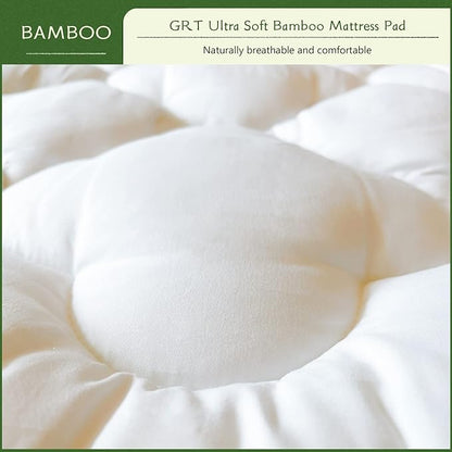 GRT Mattress Pad Cover Rayon from Bamboo King Size, Extra Thick Quilted Fitted Mattress Topper with 21 Inches Deep Pocket, Cooling Breathable and Noiseless Mattress Cover