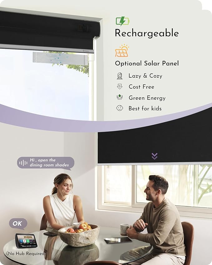 Graywind Motorized Roller Shade Work with Alexa Google 100% Blackout Rechargeable Smart Blinds Remote Control Battery Motor Cordless Window Shades, Customized Size (Matt Black)