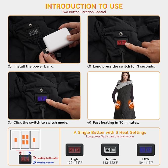 Heated Blanket Outdoors, Battery Operated Heated Throw with 10000mAh Power Bank, 2-in-1 Blanket & Shawl for Camping, Hiking, Stadium Events & Travel, Cordless USB Heated Blanket-Black