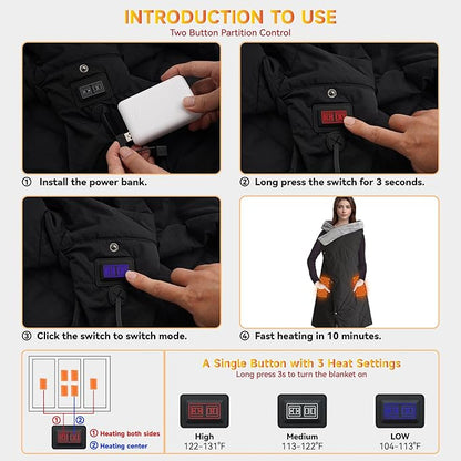Heated Blanket Outdoors, Battery Operated Heated Throw with 10000mAh Power Bank, 2-in-1 Blanket & Shawl for Camping, Hiking, Stadium Events & Travel, Cordless USB Heated Blanket-Black