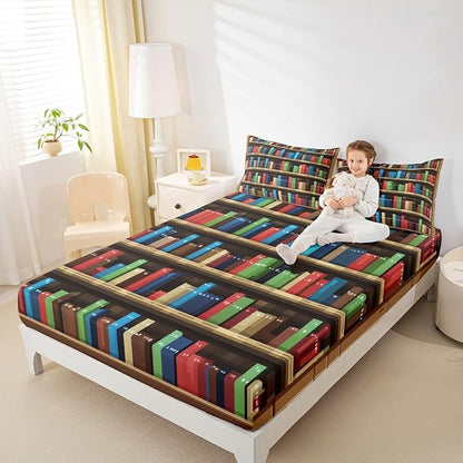 Pixel Vedio Game Kids Sheet Full Size,Pixelated Bookshelf Bookcase Bedding Set, Books Modern Building Games Kids Room Decor,Colorful Sheet(Fitted+Flat+2 Pillowcases)