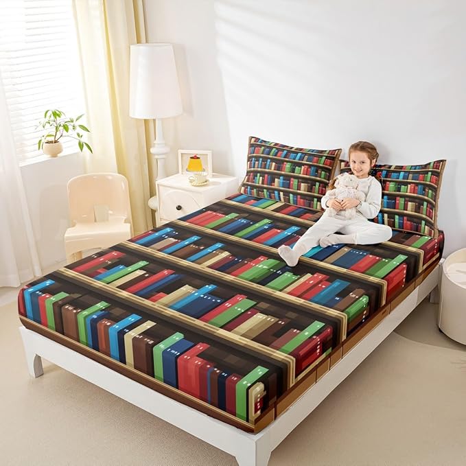 Pixel Vedio Game Kids Sheet King Size,Pixelated Bookshelf Bookcase Easy Wash Bedding Set,Books Modern Building Games Boys Girls Room Decor,Colorful Sheet(Fitted+Flat+2 Pillowcases)