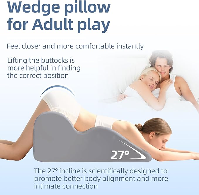 27 Degree Couples Pillow with Memory Foam, Adjustable Multi-Position & Back Support, Anti-Slip Waterproof Cover with Replaceable Design for All Postures (Gray)