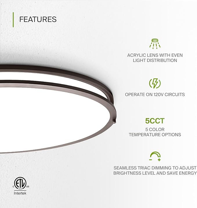ASD LED 24" Oval Flush Mount Lighting, Close to Ceiling Light Fixture | 5CCT, Dimmable, ETL Listed | 38W 3289LM 2700-5000K 120V | Low Profile Double Ring Lamp | Dark Bronze