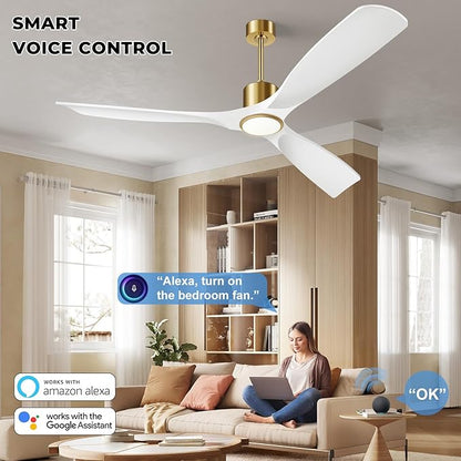 Ceiling Fans with Lights, Ceiling Fans with Lights and Remote Control, 52 inch Modern Smart White and Gold Ceiling Fan, Outdoor Ceiling Fans for Patios 3 Blade Bedroom Farmhouse（White）