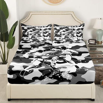 Manfei Jiujitsu Fitted Sheet Queen Size, Japanese Judo Sports Theme Bedding Set 3pcs, Grey Camouflage Print Bed Cover with 2 Pillowcases, Kids Boys Teen Room Decor, Soft Bedding(No Top Sheet)