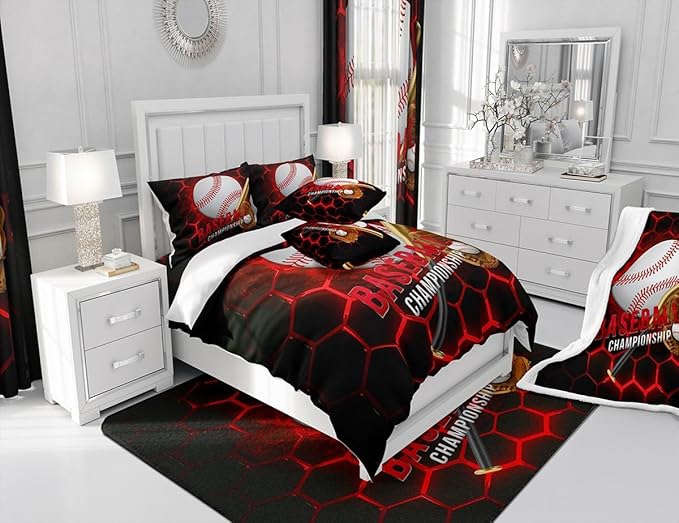 Manfei Baseball Sheet Set Queen Size, Abstract Geometric Red Honeycomb Bed Sheet Set 4pcs with Deep Pocket Fitted Sheet + Flat Sheet + 2 Pillowcases, Sports Theme Bedding Set for Kids Boys Room Decor