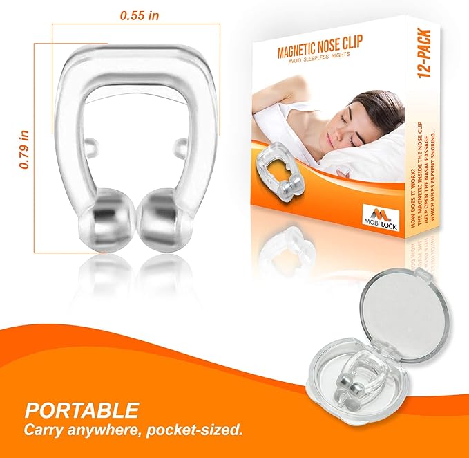 Mobi Lock Magnetic Nasal Clip (Pack of 12) - Silicone Nose Clip - A Simple Solution for Nasal Snorers - Reusable Snoring Device to Enjoy a Peaceful Night's Sleep