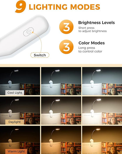 Monotremp Book Lights for Reading at Night in Bed, 80 Hours Runtime Rechargeable Reading Lights for Books in Bed, 3 Brightness Levels × 3 Color Temperatures, 1.3 oz Lightweight
