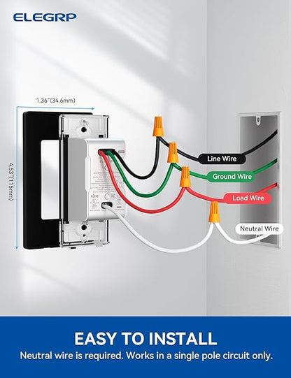 ELEGRP Smart Motion Sensor Switch, 2.4GHz Wi-Fi Single Pole Light Switch Works with Alexa & Google Assistant, APP Remote Control, Neutral Wire Required, UL Certified, No Hub Required (Black, 1 Pack)