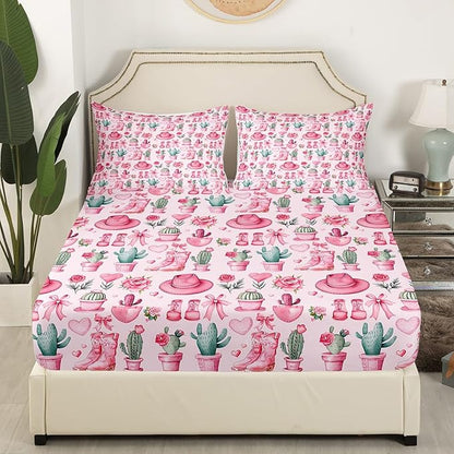 Western Cowgirl Bed Cover(1 Fitted Sheet+1 Pillow Case),Pink Bowknots Dreamy Roses Flowers Bedding Set for Room Decor,American Tribal Boots Hats Desert Cactus Bed Sheet Set,3Pcs Full Size