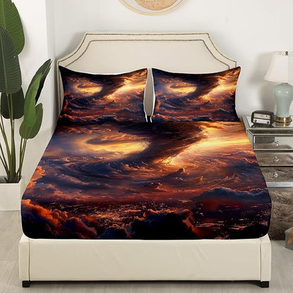 Tornado Bedding Set Twin Size Natural Disaster Scene 3D Print Bed Set for Teens Kids Sheet Microfiber Sunset Sky Clouds Tornado View Bed Cover(1 Fitted Sheet+1 Pillow Case)