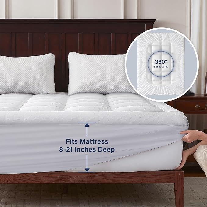 Anluoer Memory Foam Mattress Topper California King for Back Pain,Down Alternative Pillow Top Mattress Topper,Thick Mattress Pad with 8-21" Deep Pocket, 72x84 Inches,White