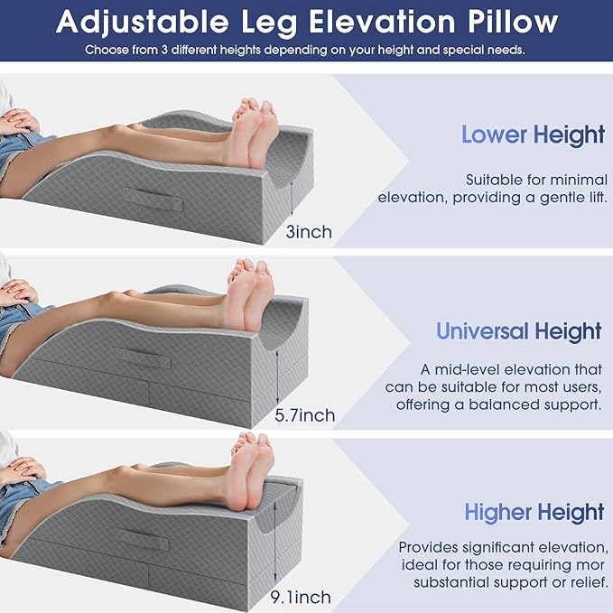 Leg Pillow, Leg Elevation Pillow with Pad and Memory Foam, Height Adjustable Bolster Pillow for Legs, Leg Pillow Elevation Blood Circulation, for Post-Surgery, Grey