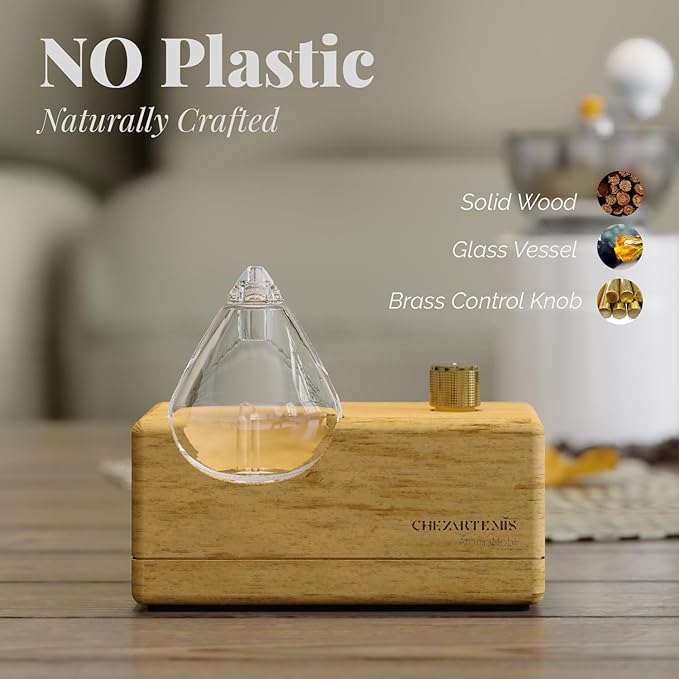 Waterdrop Glass Essential Oil Diffuser with Handmade Wood Base for Aromatherapy, Waterless Scent Diffuser for Yoga Home Office, Portable & Cordless Oil Nebulizer with LED & Timer, Gift of Fragrance