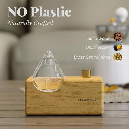 Waterdrop Glass Essential Oil Diffuser with Handmade Wood Base for Aromatherapy, Waterless Scent Diffuser for Yoga Home Office, Portable & Cordless Oil Nebulizer with LED & Timer, Gift of Fragrance