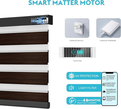 Motorized Zebra Blinds with Remote Smart Blind Work with Homekit Alexa SmartThings Electric Day and Night Shade Cordless Automatic Solar Powered Window Shade Customize(Wooden Texture Brown)