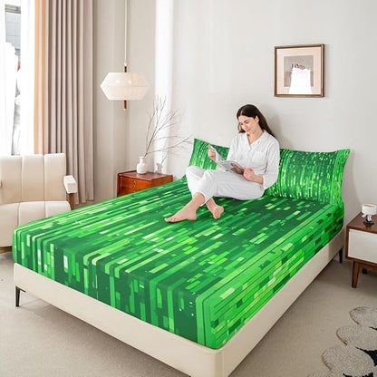 Pixel Foil Boys Girls Bed Sheets,Geometric Plaid Gamepad Room Decor,Pixelated Check Patchwork Kids Twin Size Fitted Sheet,Green Bedding Set,1 Pillowcase(No Flat)