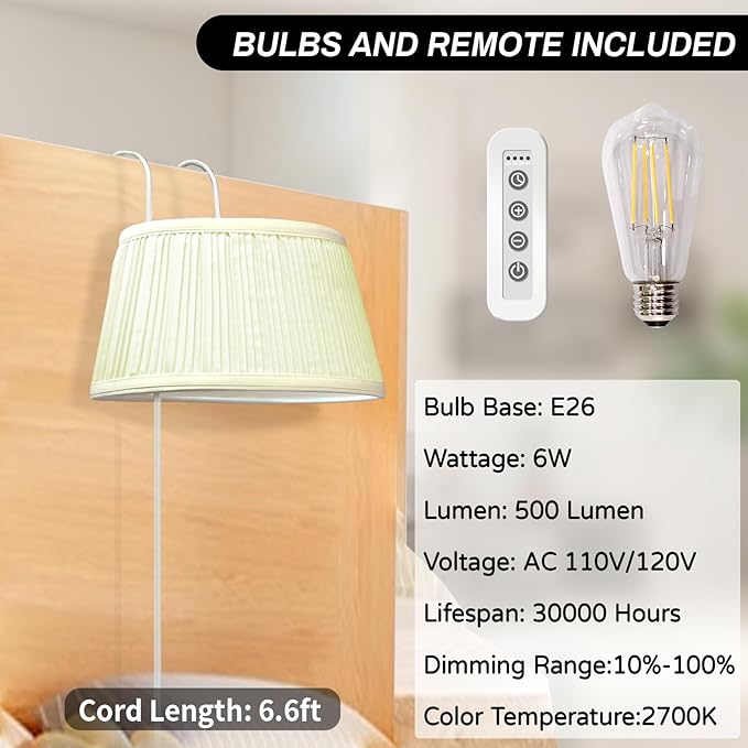 Bed Reading Light, Headboard Light Reading Lights for Books in Bed with Adjustable Hook, Eye Caring Soft Fabric Shade Bedtime Reading Lamp Plug in, LED Bulb Included (Beige)