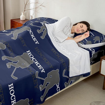 Manfei Hockey Players Kids Sheet Full Size, Bedding Set, Competitive Games Teamwork Kids Room Decor,Dark Blue Gray Sheet(Fitted+Flat+2 Pillowcases)