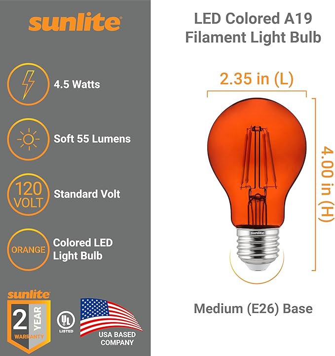 Sunlite 81085 LED Colored Filament A19 Light Bulb, 4.5 Watts, Medium E26 Base, 120 Volts, Transparent Orange, Dimmable, 320 Degree Beam Angle, UL Listed, 2 Count