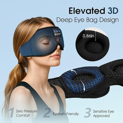 ZUMUSEN Bluetooth Sleep Headphones, 3D Wireless Music Eye Mask with Ultra-Thin Stereo Speakers, Adjustable Sleep Mask for Side Sleepers, Perfect for Travel, Meditation, Relaxation
