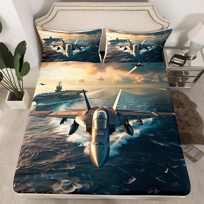 Fighter Aricraft Kids Fitted Sheet Twin Size,Warplane Warship Aviation Airplane Modern Fashion Bedding Set,Boys Men Room Decor,Sea Surface Sunset Bed Cover,Grey Bed Sheet,1 Pillowcase